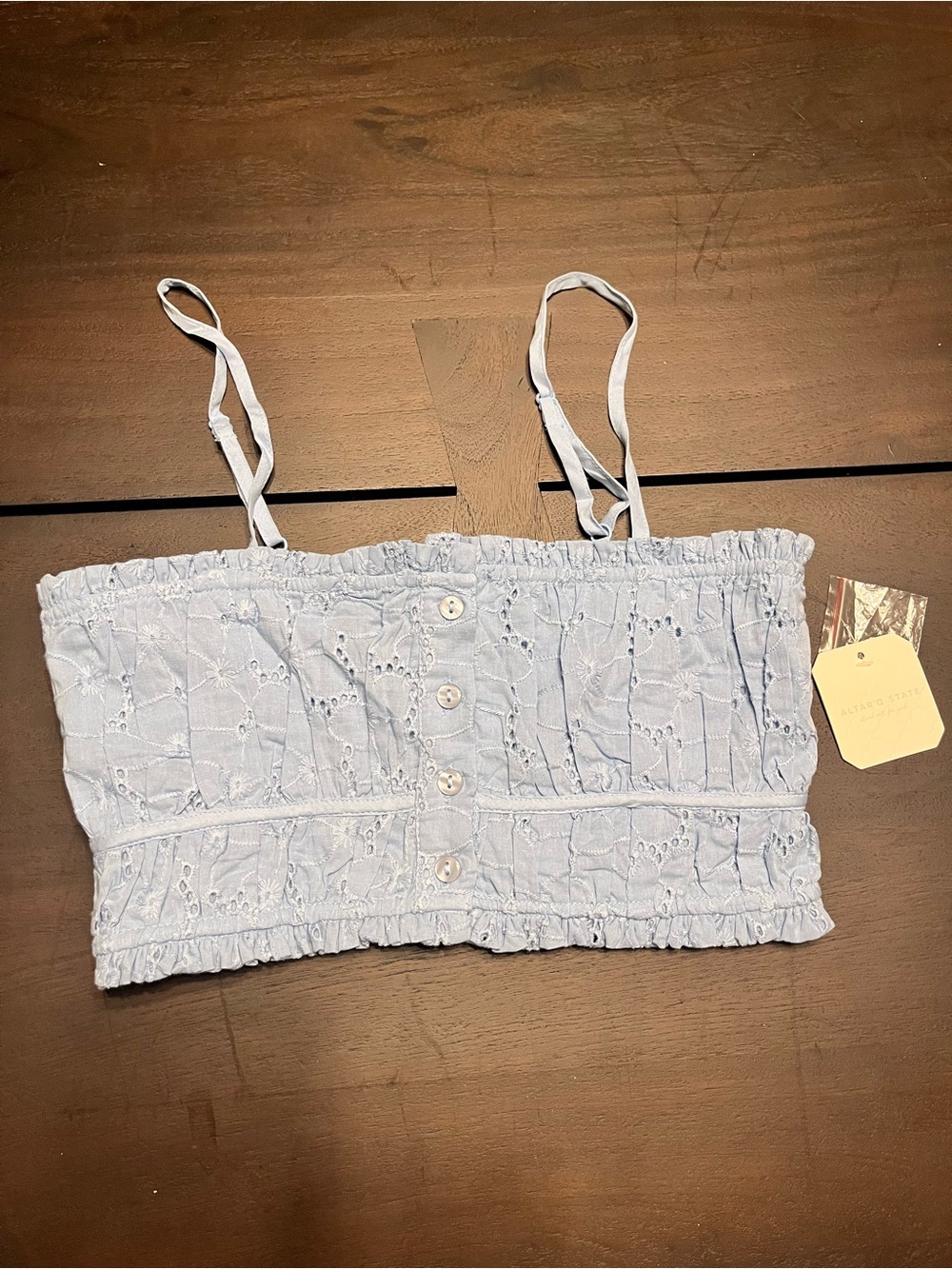 Altar'd State Pale Blue Eyelet Button-Front Cropped Tank